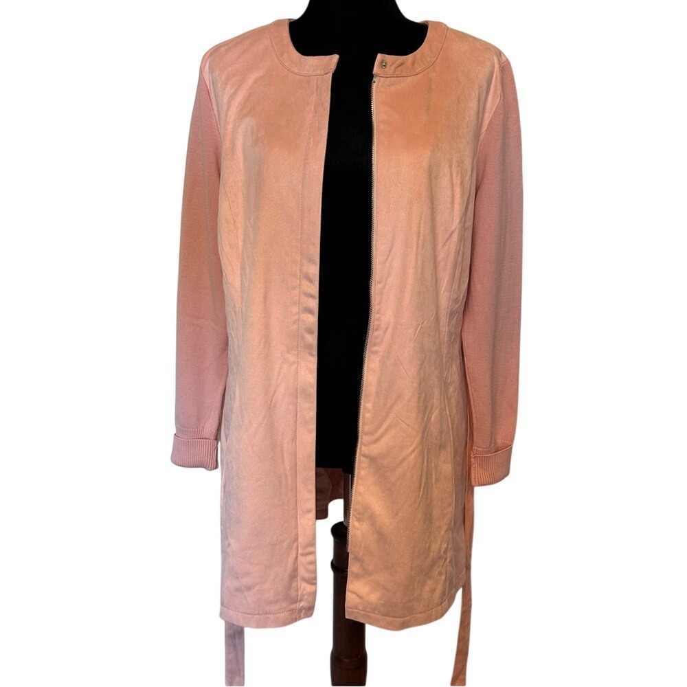 NWOT H by HALSTON Light Pink Faux Suede Belted Trench Coat Size 12